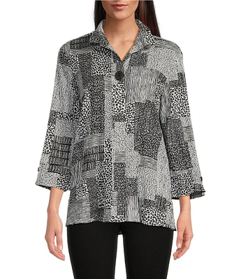 Ali Miles Stretch Abstract Patch Print Wire Collar Neckline 3/4 Sleeve Tunic