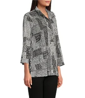 Ali Miles Stretch Abstract Patch Print Wire Collar Neckline 3/4 Sleeve Tunic