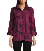 Ali Miles Stretch Abstract Patch Print Wire Collar Neckline 3/4 Sleeve Tunic