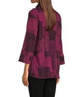 Ali Miles Stretch Abstract Patch Print Wire Collar Neckline 3/4 Sleeve Tunic