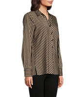 Ali Miles Stretch Stripe Print Point Collar Long Sleeve Tunic