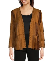 Ali Miles Stretch Suede Fringe Open Long Sleeve Jacket