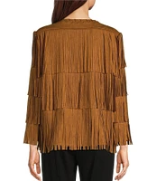 Ali Miles Stretch Suede Fringe Open Long Sleeve Jacket