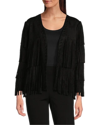 Ali Miles Stretch Suede Fringe Open Long Sleeve Jacket