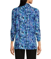 Ali Miles Stretch Abstract Tile Print Collared Neckline 3/4 Ruched Sleeve Tunic