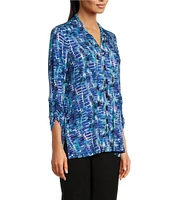 Ali Miles Stretch Abstract Tile Print Collared Neckline 3/4 Ruched Sleeve Tunic