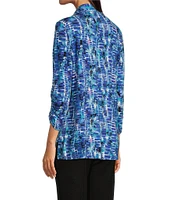 Ali Miles Stretch Abstract Tile Print Collared Neckline 3/4 Ruched Sleeve Tunic