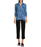 Ali Miles Stretch Abstract Tile Print Collared Neckline 3/4 Ruched Sleeve Tunic