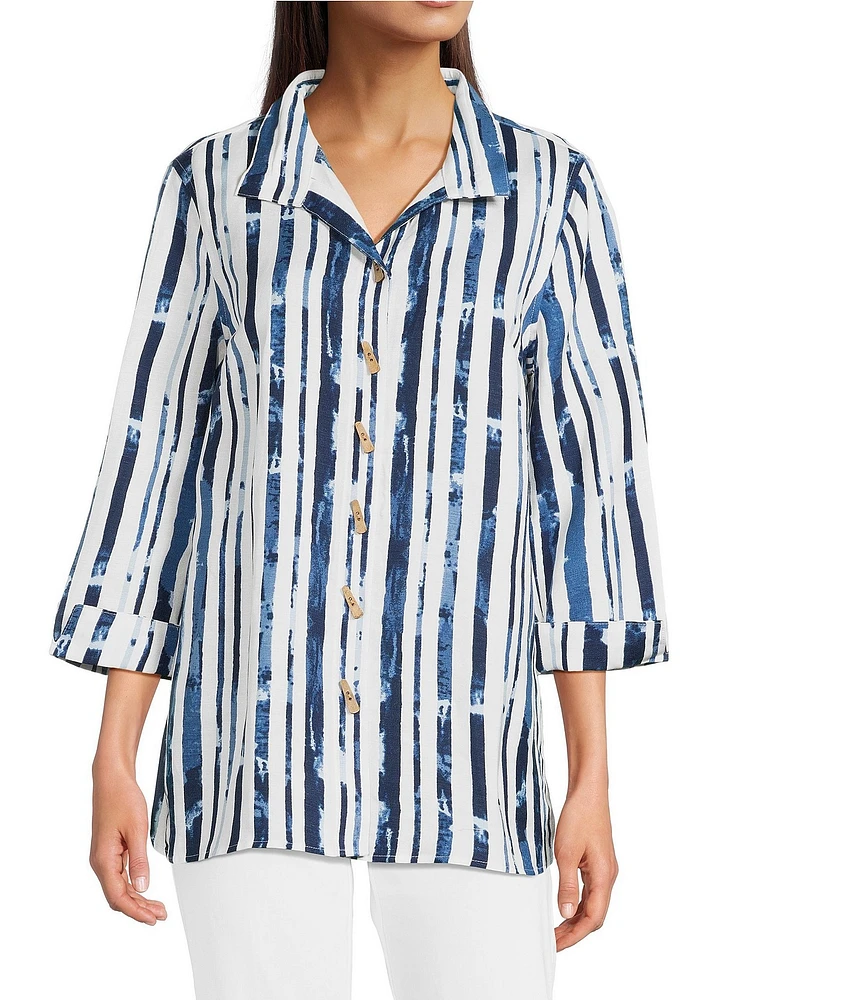 Ali Miles Stripe 3/4 Cuff Sleeve Button Front Tunic