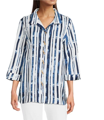 Ali Miles Stripe 3/4 Cuff Sleeve Button Front Tunic