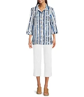 Ali Miles Stripe 3/4 Cuff Sleeve Button Front Tunic