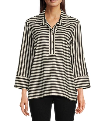 Ali Miles Stripe Collared 3/4 Sleeve Top