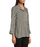 Ali Miles Stripe Collared 3/4 Sleeve Top