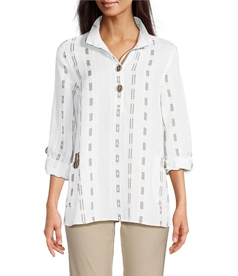 Ali Miles Stripe Dotted Geometric Linen Blend Wire Collar 3/4 Roll-Tab Sleeve Tunic