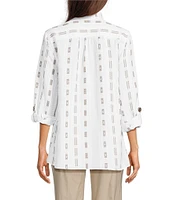 Ali Miles Stripe Dotted Geometric Linen Blend Wire Collar 3/4 Roll-Tab Sleeve Tunic