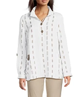 Ali Miles Stripe Dotted Geometric Linen Blend Wire Collar 3/4 Roll-Tab Sleeve Tunic