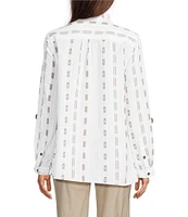 Ali Miles Stripe Dotted Geometric Linen Blend Wire Collar 3/4 Roll-Tab Sleeve Tunic