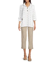 Ali Miles Stripe Dotted Geometric Linen Blend Wire Collar 3/4 Roll-Tab Sleeve Tunic