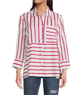 Ali Miles Stripe Point Collar 3/4 Sleeve Button Front Tunic