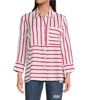 Ali Miles Stripe Point Collar 3/4 Sleeve Button Front Tunic