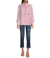 Ali Miles Stripe Point Collar 3/4 Sleeve Button Front Tunic