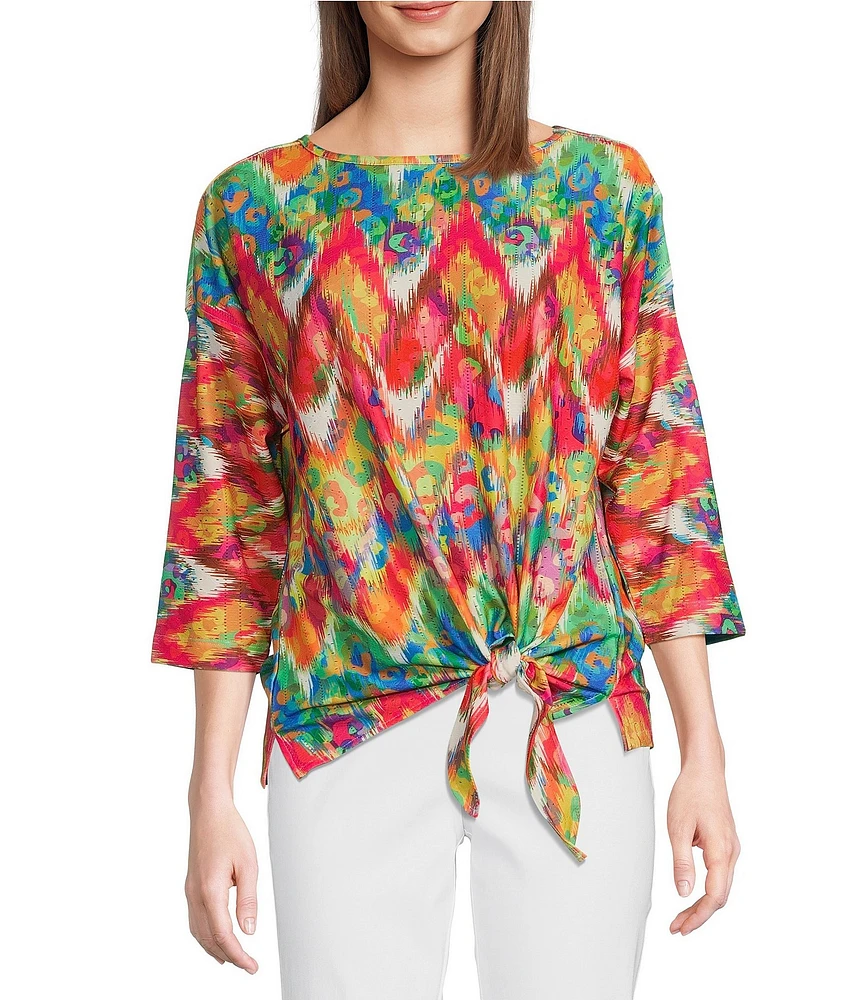 Ali Miles Textured Knit Eyelet Abstract Leopard Scoop Neck 3/4 Dolman Sleeve Top