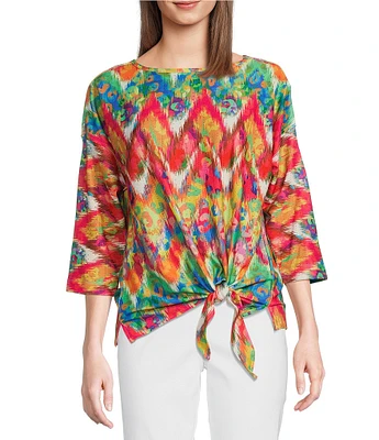 Ali Miles Textured Knit Eyelet Abstract Leopard Scoop Neck 3/4 Dolman Sleeve Top