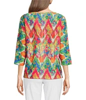 Ali Miles Textured Knit Eyelet Abstract Leopard Scoop Neck 3/4 Dolman Sleeve Top