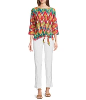 Ali Miles Textured Knit Eyelet Abstract Leopard Scoop Neck 3/4 Dolman Sleeve Top