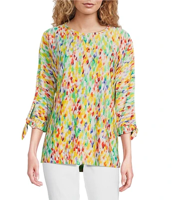 Ali Miles Textured Knit Printed Round Neck 3/4 Tie Sleeve Tunic