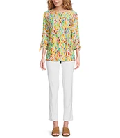 Ali Miles Textured Knit Printed Round Neck 3/4 Tie Sleeve Tunic