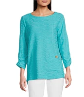 Ali Miles Textured Round Neck 3/4 Sleeve Hi-Low Hem Top