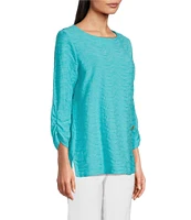 Ali Miles Textured Round Neck 3/4 Sleeve Hi-Low Hem Top