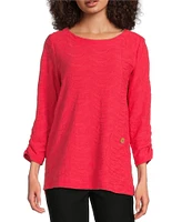 Ali Miles Textured Round Neck 3/4 Sleeve Hi-Low Hem Top