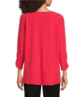 Ali Miles Textured Round Neck 3/4 Sleeve Hi-Low Hem Top