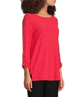 Ali Miles Textured Round Neck 3/4 Sleeve Hi-Low Hem Top