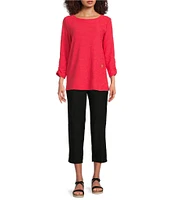 Ali Miles Textured Round Neck 3/4 Sleeve Hi-Low Hem Top