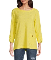 Ali Miles Textured Round Neck 3/4 Sleeve Hi-Low Hem Top
