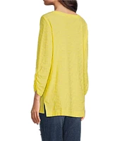 Ali Miles Textured Round Neck 3/4 Sleeve Hi-Low Hem Top