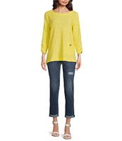 Ali Miles Textured Round Neck 3/4 Sleeve Hi-Low Hem Top