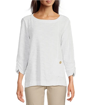 Ali Miles Textured Round Neck 3/4 Sleeve Hi-Low Hem Top