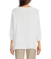 Ali Miles Textured Round Neck 3/4 Sleeve Hi-Low Hem Top