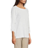 Ali Miles Textured Round Neck 3/4 Sleeve Hi-Low Hem Top