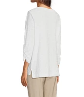 Ali Miles Textured Round Neck 3/4 Sleeve Hi-Low Hem Top