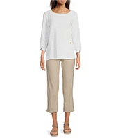Ali Miles Textured Round Neck 3/4 Sleeve Hi-Low Hem Top