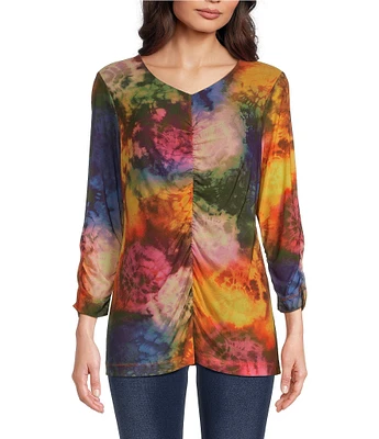 Ali Miles Tie Dye Print Mesh V Neckline 3/4 Ruched Sleeve Tunic