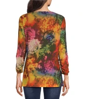 Ali Miles Tie Dye Print Mesh V Neckline 3/4 Ruched Sleeve Tunic