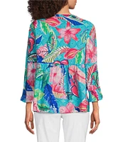 Ali Miles Tropical Leaf Print Round Neck 3/4 Sleeve Top