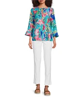 Ali Miles Tropical Leaf Print Round Neck 3/4 Sleeve Top