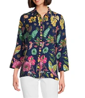 Ali Miles Tropical Printed Crinkle Point Collar 3/4 Sleeve Button Front Tunic